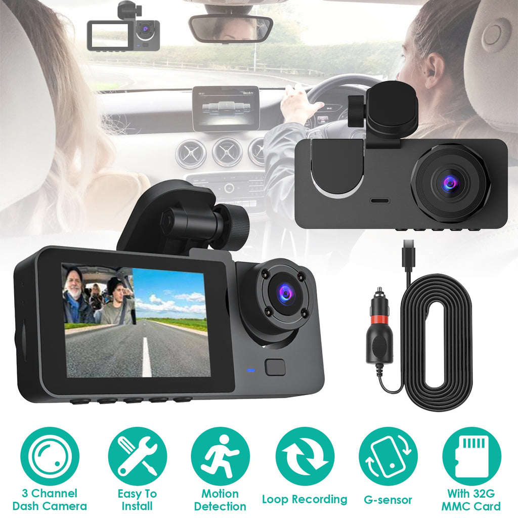 3 Channel Dash Cam Front Inside Rear Car DVR Recorder